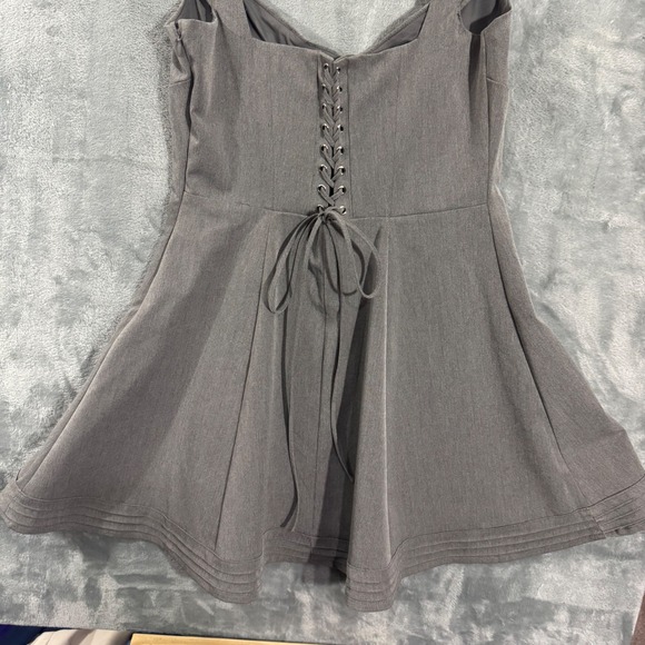 House of CB Cheri French Grey Fitted Mini Dress - Lace Up Back Fit Flare  L+ - Picture 12 of 16